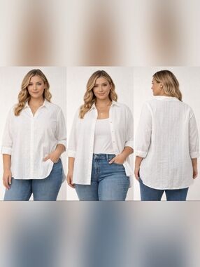 autograph woman white textured button up blouse 1x cotton lightweight shirt